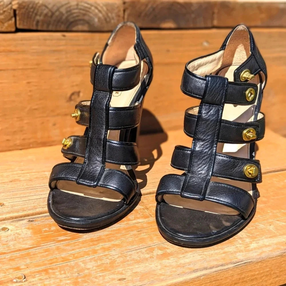 Coach Tamarah Black Leather Turn Lock Stacked Heels Women's Sandals